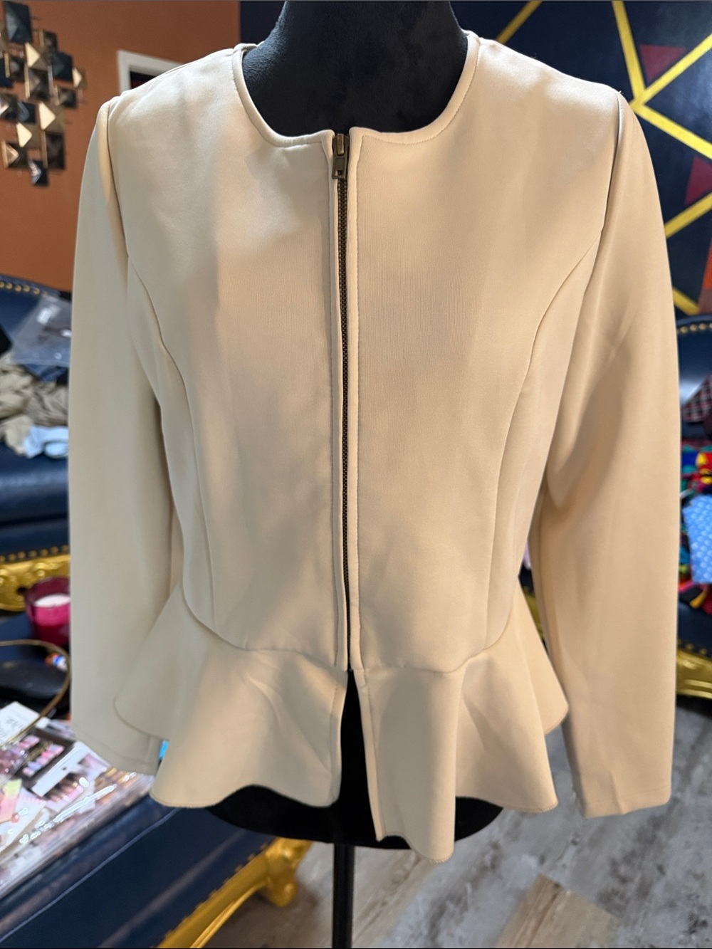 Dots Vintage Cream Peplum Zip-Front Peplum Blazer